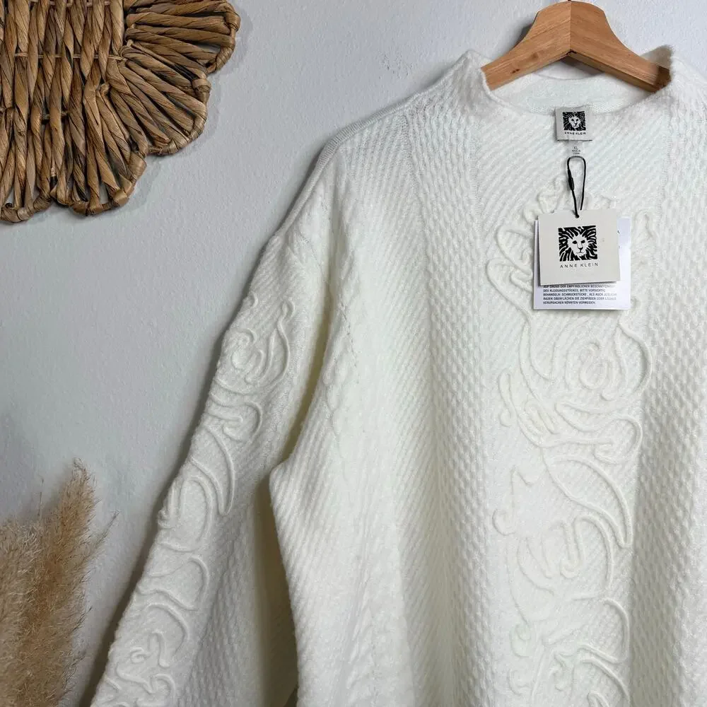 Anne Klein sweater wool blend cable knit embroidered XL